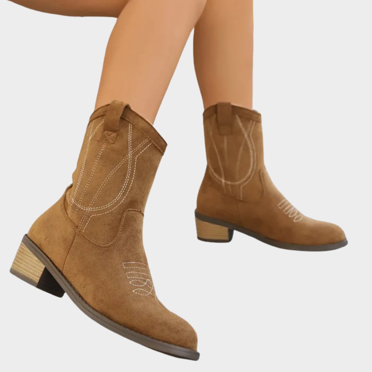 Presley faux suede western embroidered mid-calf boots, Khaki