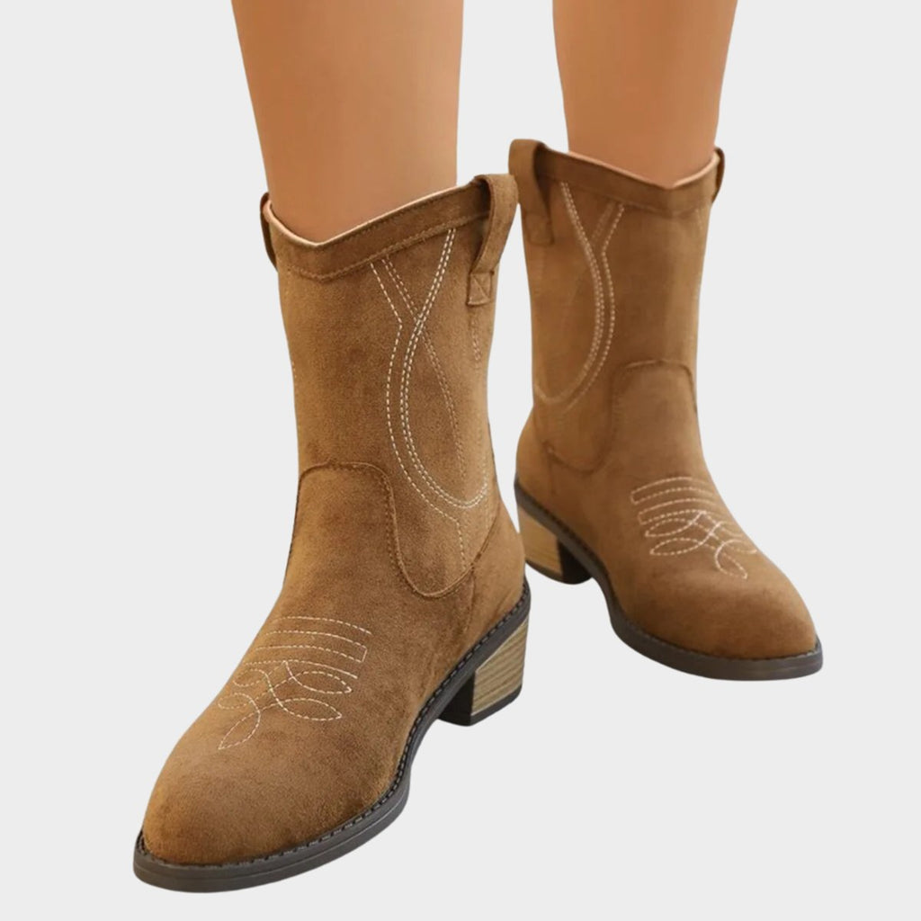 Presley faux suede western embroidered mid-calf boots, side view