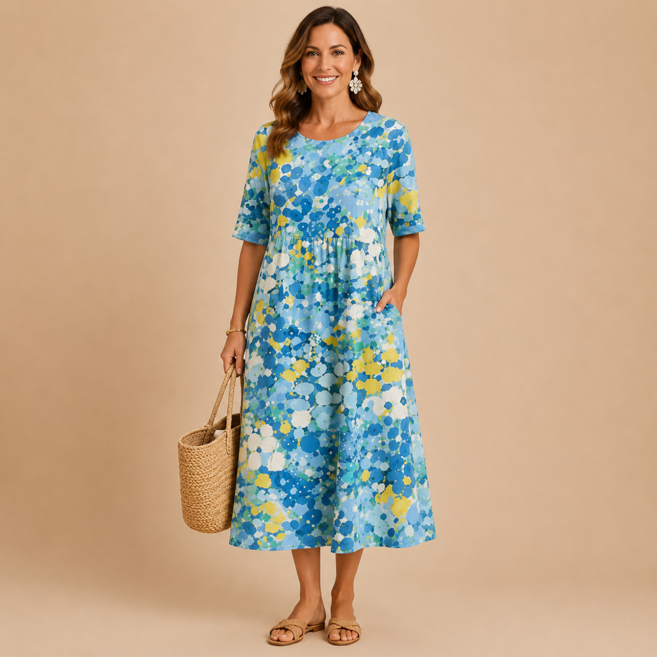 Front view of the Primrose Floral-Print A-Line Midi Dress Lightweight in blue, featuring a vibrant floral print, relaxed A-line silhouette, round neckline, and lightweight fabric. Designed by Bella Hudson.