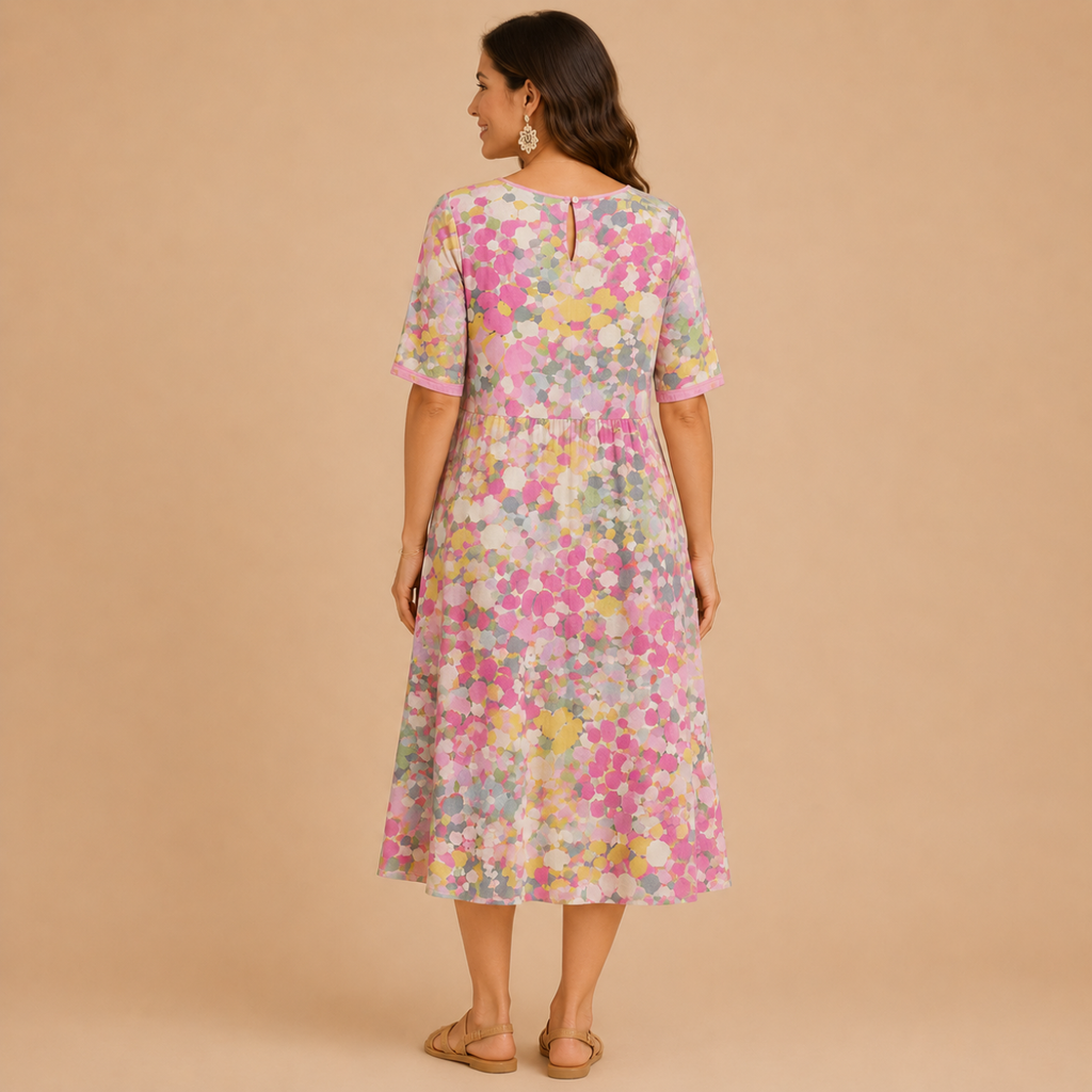 Back view of the Primrose Floral-Print A-Line Midi Dress Lightweight in red, highlighting the colorful floral print, relaxed A-line silhouette, and elegant back design. Designed by Bella Hudson.