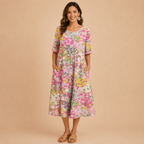 Front view of the Primrose Floral-Print A-Line Midi Dress Lightweight in red, featuring a vibrant floral print, relaxed A-line silhouette, round neckline, and lightweight fabric. Designed by Bella Hudson.