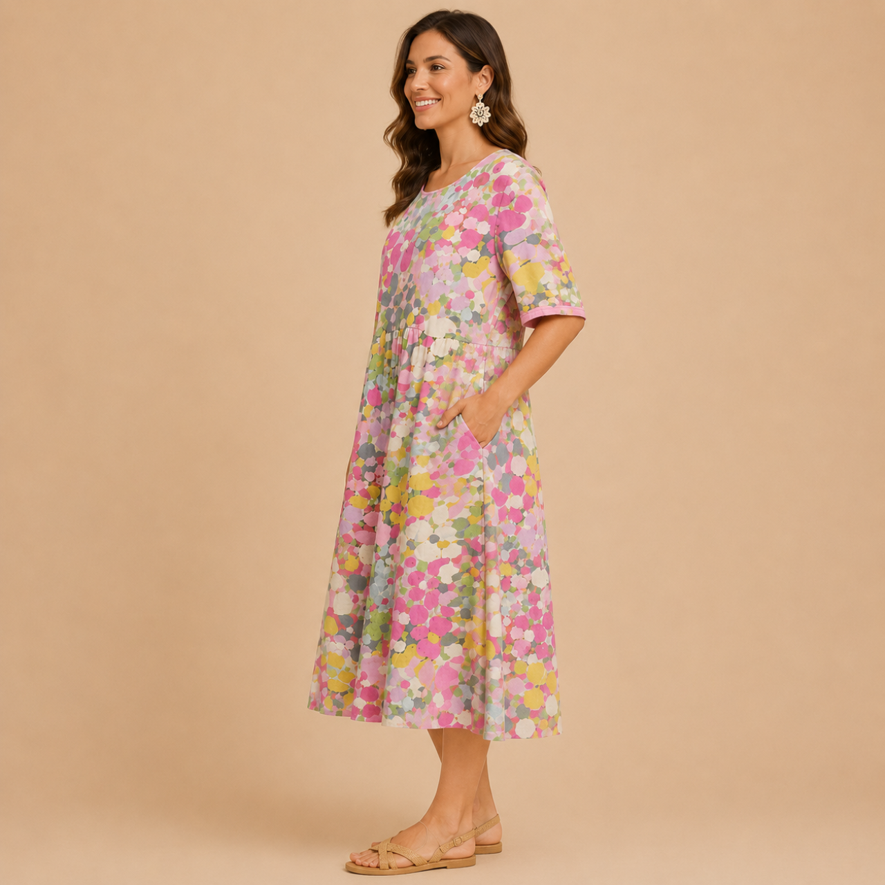 Side view of the Primrose Floral-Print A-Line Midi Dress Lightweight in red, showcasing the flowing A-line silhouette, lightweight fabric, and colorful floral print. Designed by Bella Hudson.