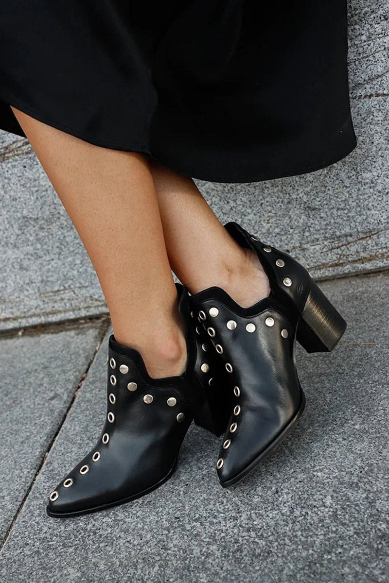 Priscilla Studded Pointed-Toe Ankle Boots, front view