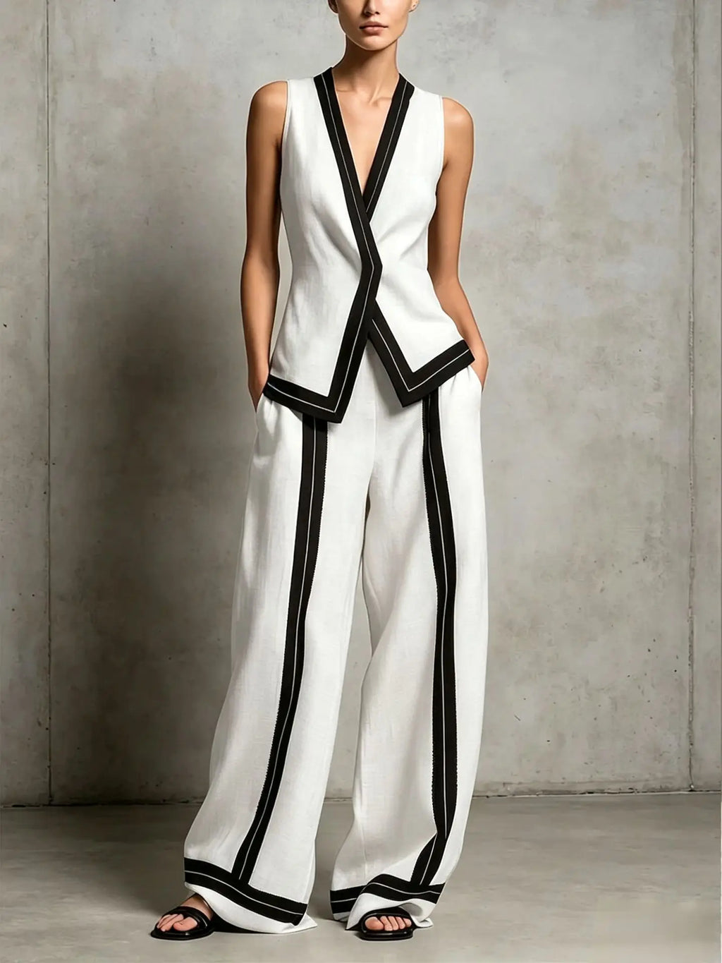 Priscilla V-neck vest and wide leg trouser set, view 1