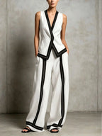 Priscilla V-neck vest and wide leg trouser set, view 1