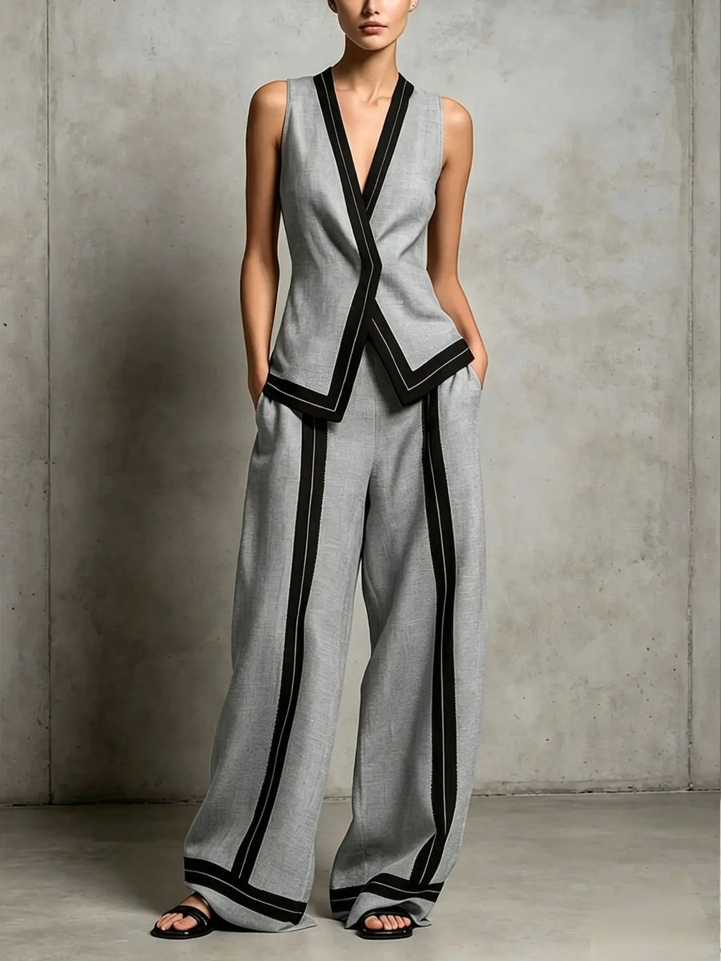 Priscilla V-neck vest and wide leg trouser set, view 2