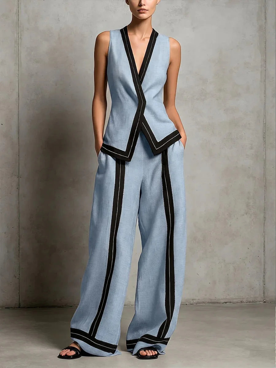 Priscilla V-neck vest and wide leg trouser set, view 3