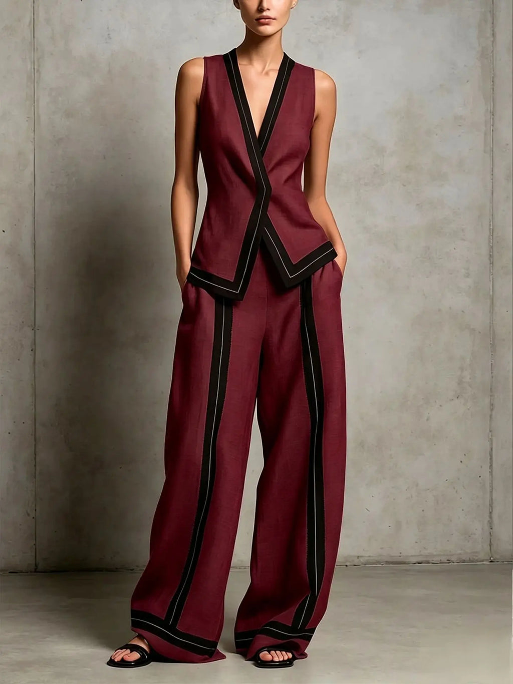 Priscilla V-neck vest and wide leg trouser set, view 4