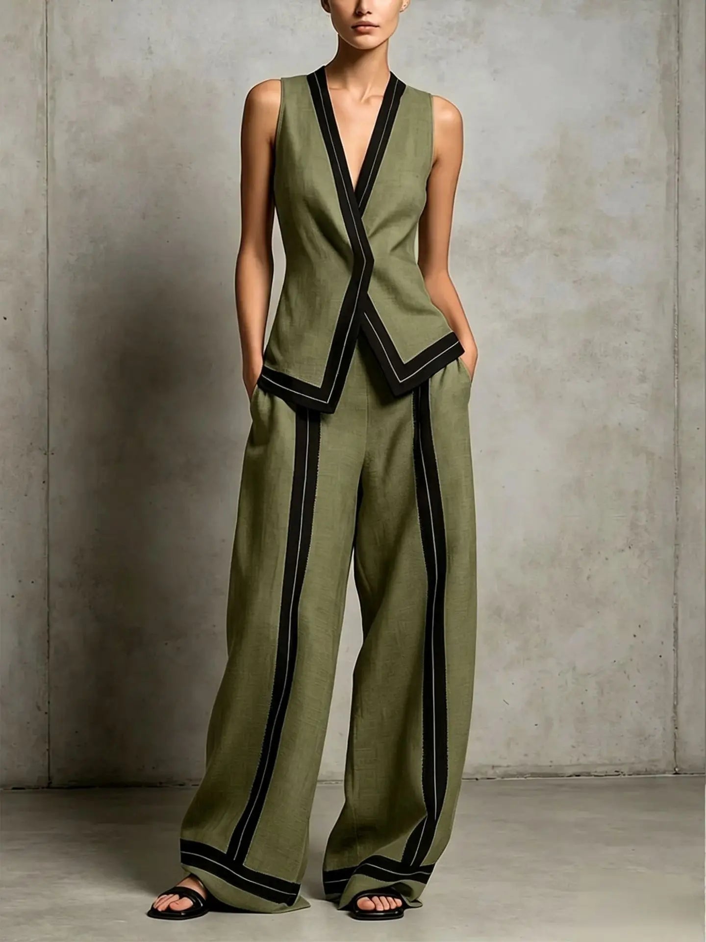 Priscilla V-neck vest and wide leg trouser set, view 5