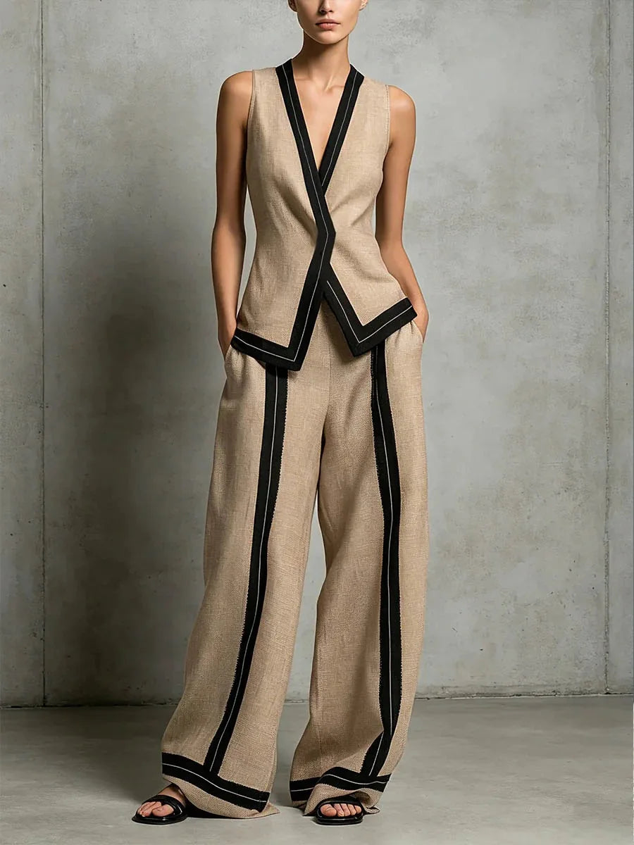 Priscilla V-neck vest and wide leg trouser set, view 6