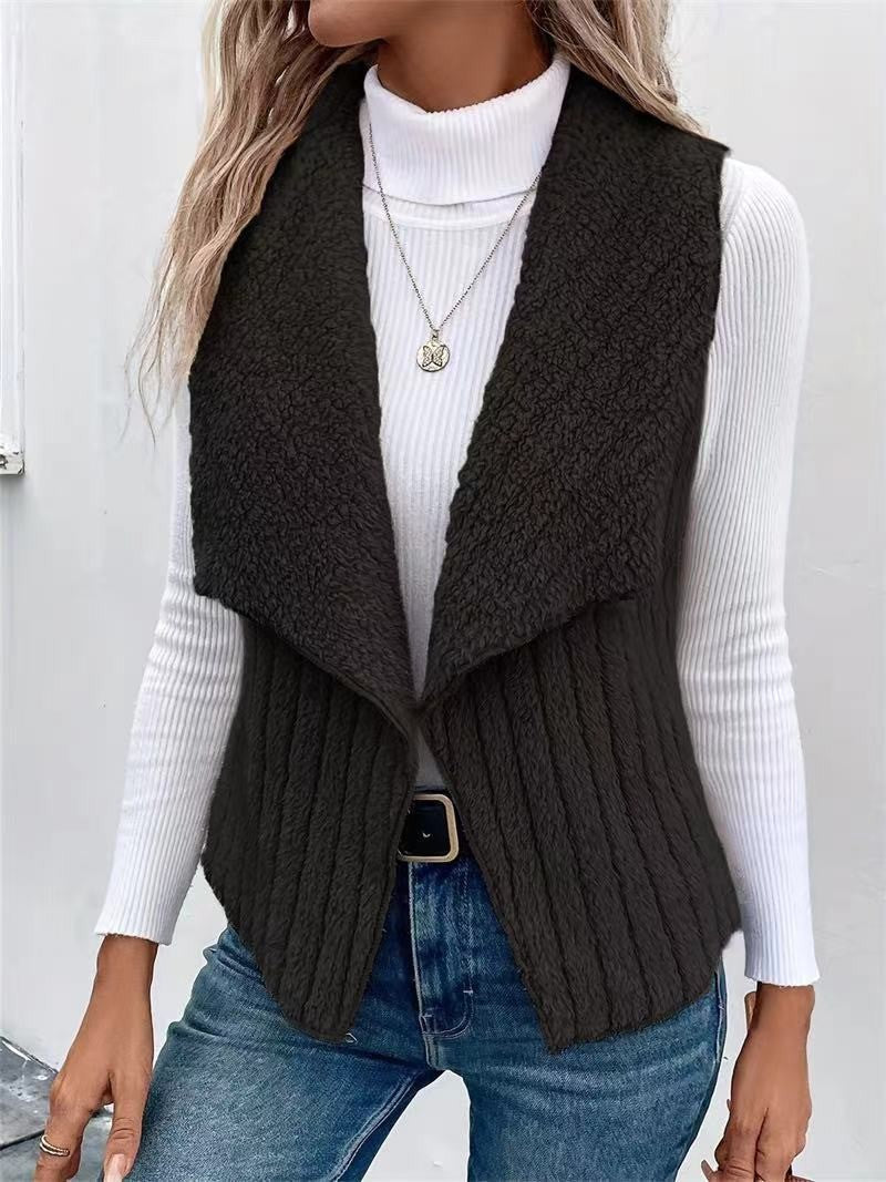 Priya Open-Collar Fleece Vest, Black
