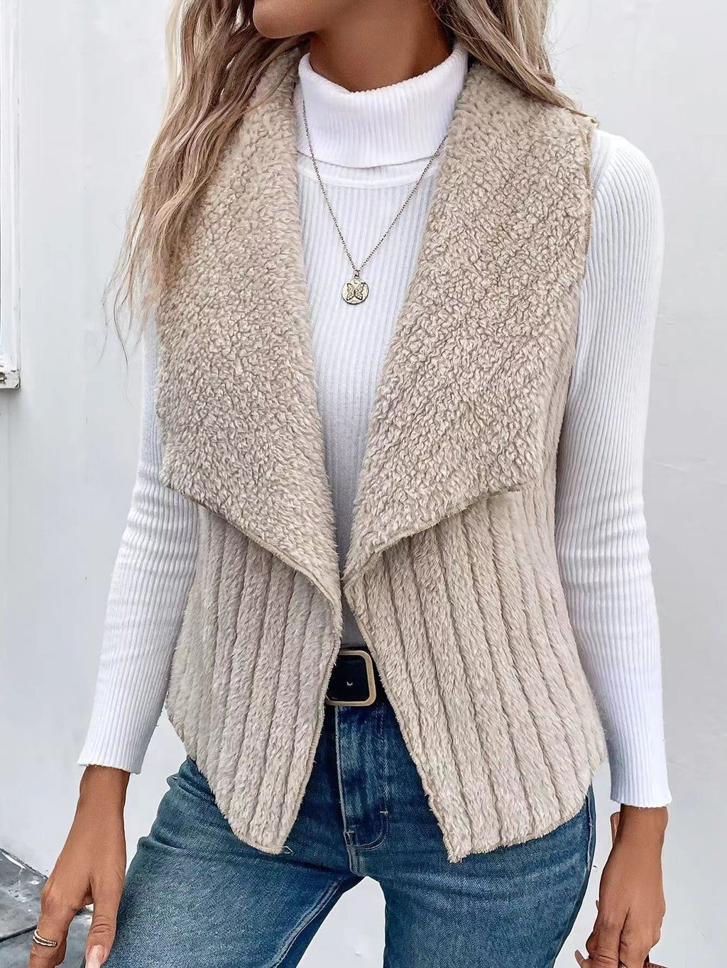 Priya Open-Collar Fleece Vest, Khaki