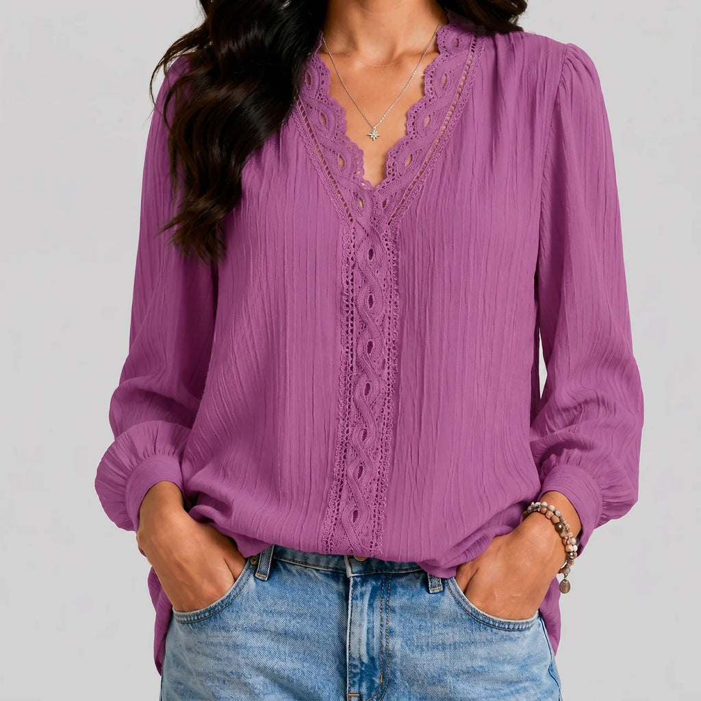 Front view of purple boho button blouse with long sleeves and textured fabric by BELLA HUDSON