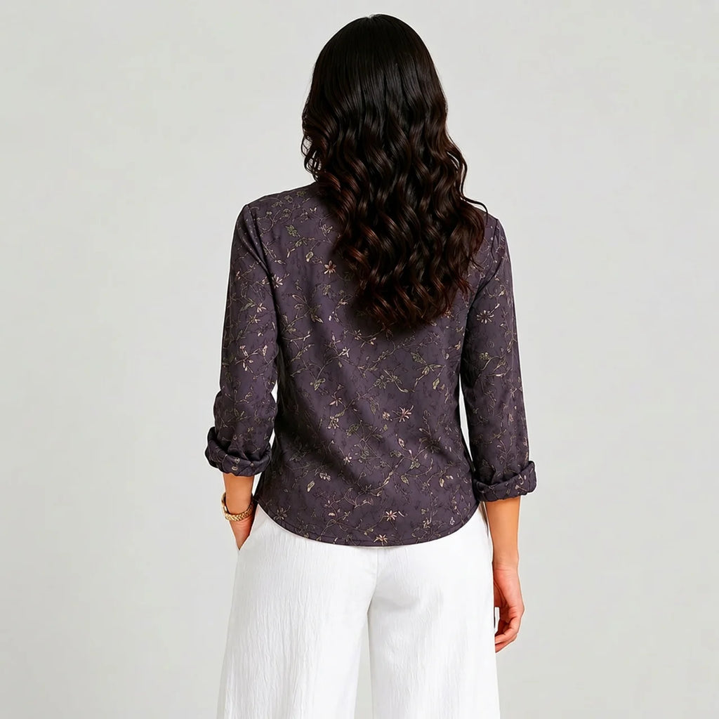 Purple embroidered boho blouse with rolled sleeves back view BELLA HUDSON