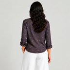 Purple embroidered boho blouse with rolled sleeves back view BELLA HUDSON