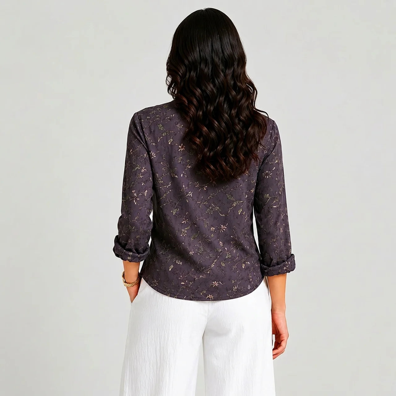 Purple embroidered boho blouse with rolled sleeves back view BELLA HUDSON