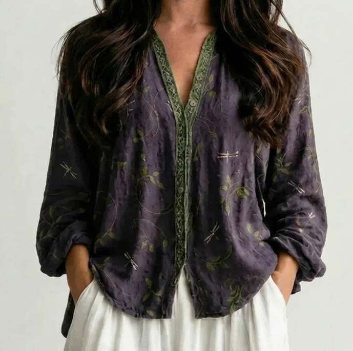 Purple embroidered boho blouse with green trim front view BELLA HUDSON