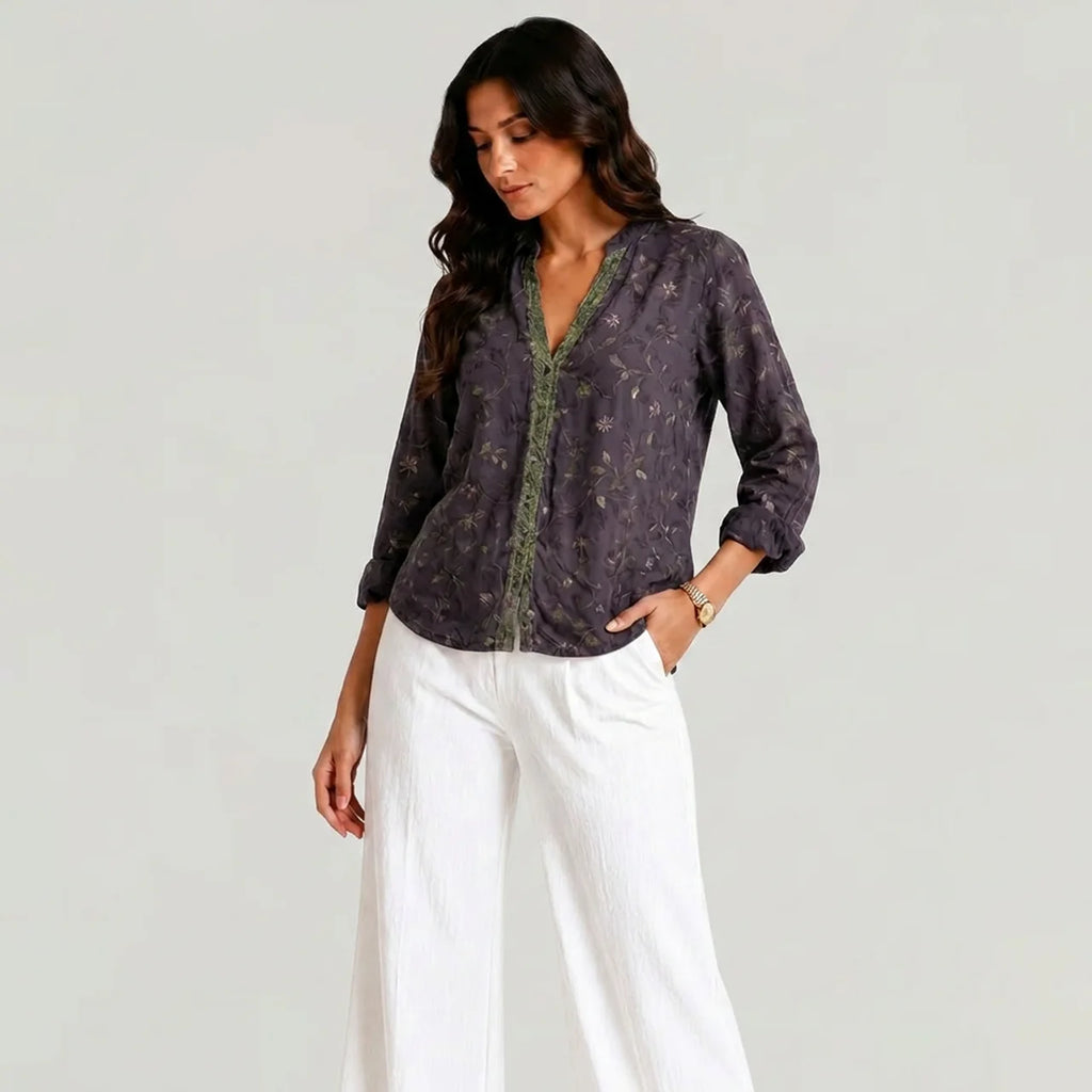 Purple embroidered boho blouse with green trim full front view BELLA HUDSON