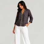 Purple embroidered boho blouse with green trim full front view BELLA HUDSON