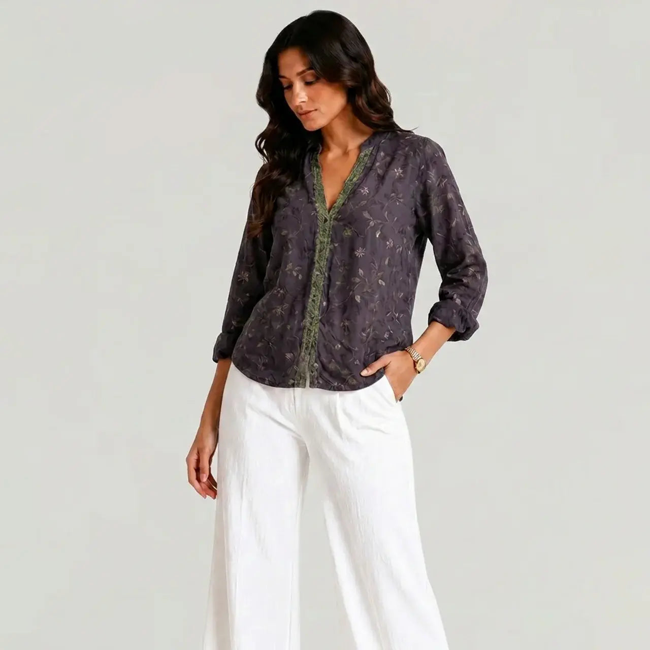 Purple embroidered boho blouse with green trim full front view BELLA HUDSON