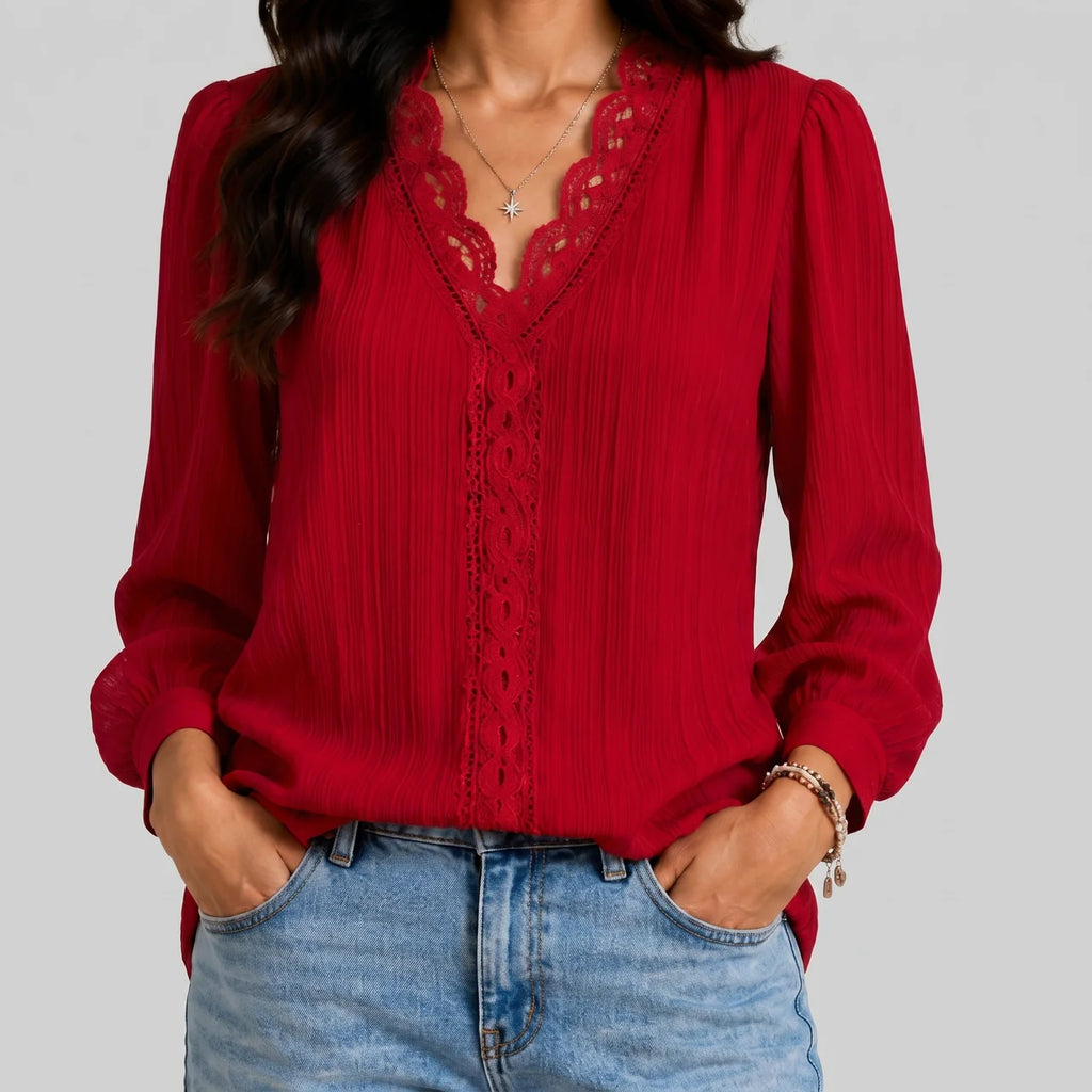 Front view of red boho button blouse with long sleeves and textured fabric by BELLA HUDSON