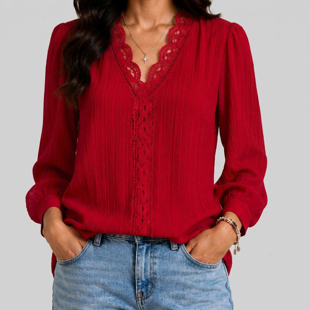 Front view of red boho button blouse with long sleeves and textured fabric by BELLA HUDSON