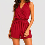Front view of red sleeveless wrap jumpsuit with gathered waist by BELLA HUDSON