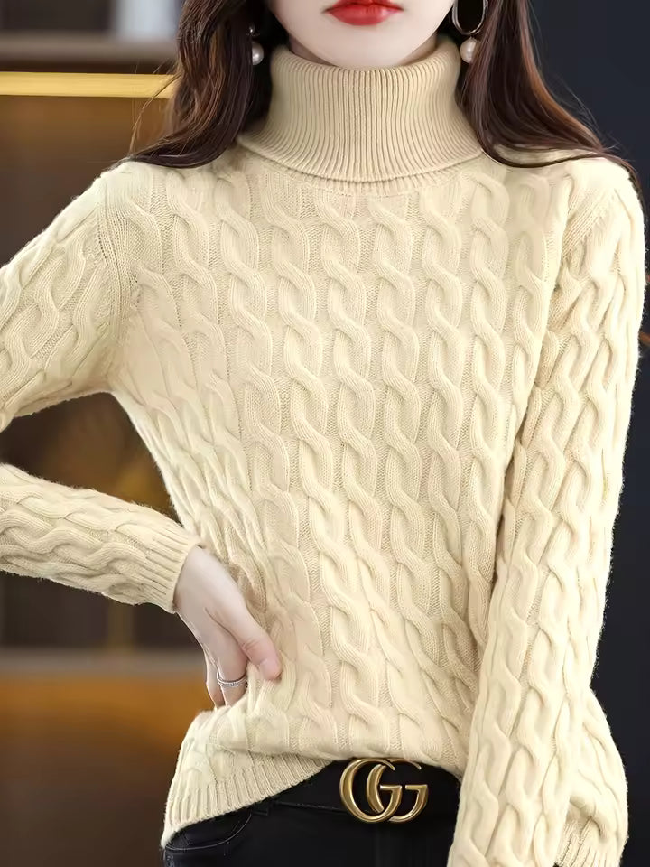 Renee Yellow cable-knit turtleneck sweater with folded ribbed collar, long sleeves, and textured finish