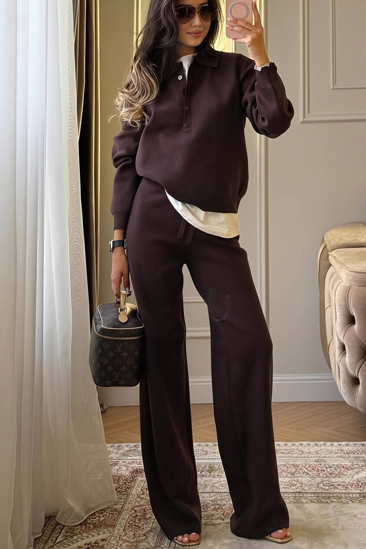 Rhea Brown knit polo lounge set featuring a button-placket collared pullover with long sleeves and matching wide-leg pants