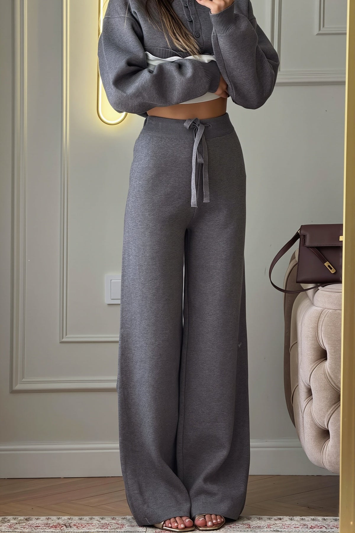 Rhea Gray knit polo lounge set shown full length with a relaxed pullover top and matching wide-leg pants