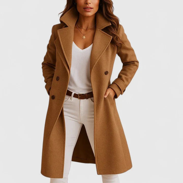 Rheya Brown slim-fit longline coat featuring structured notched lapels, button-front closure, long sleeves, and convenient side pockets