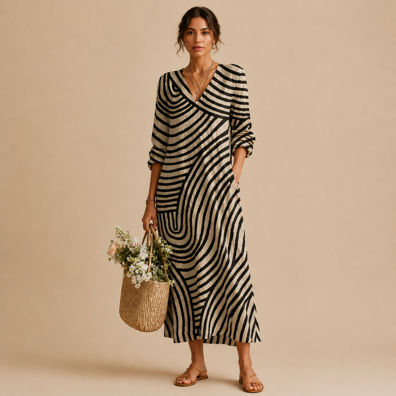 Full model view of the Romy Striped Lightweight Vintage Midi Dress featuring an abstract striped patchwork pattern, V-neckline, long sleeves, practical pockets, and relaxed midi-length silhouette. Designed by Bella Hudson.