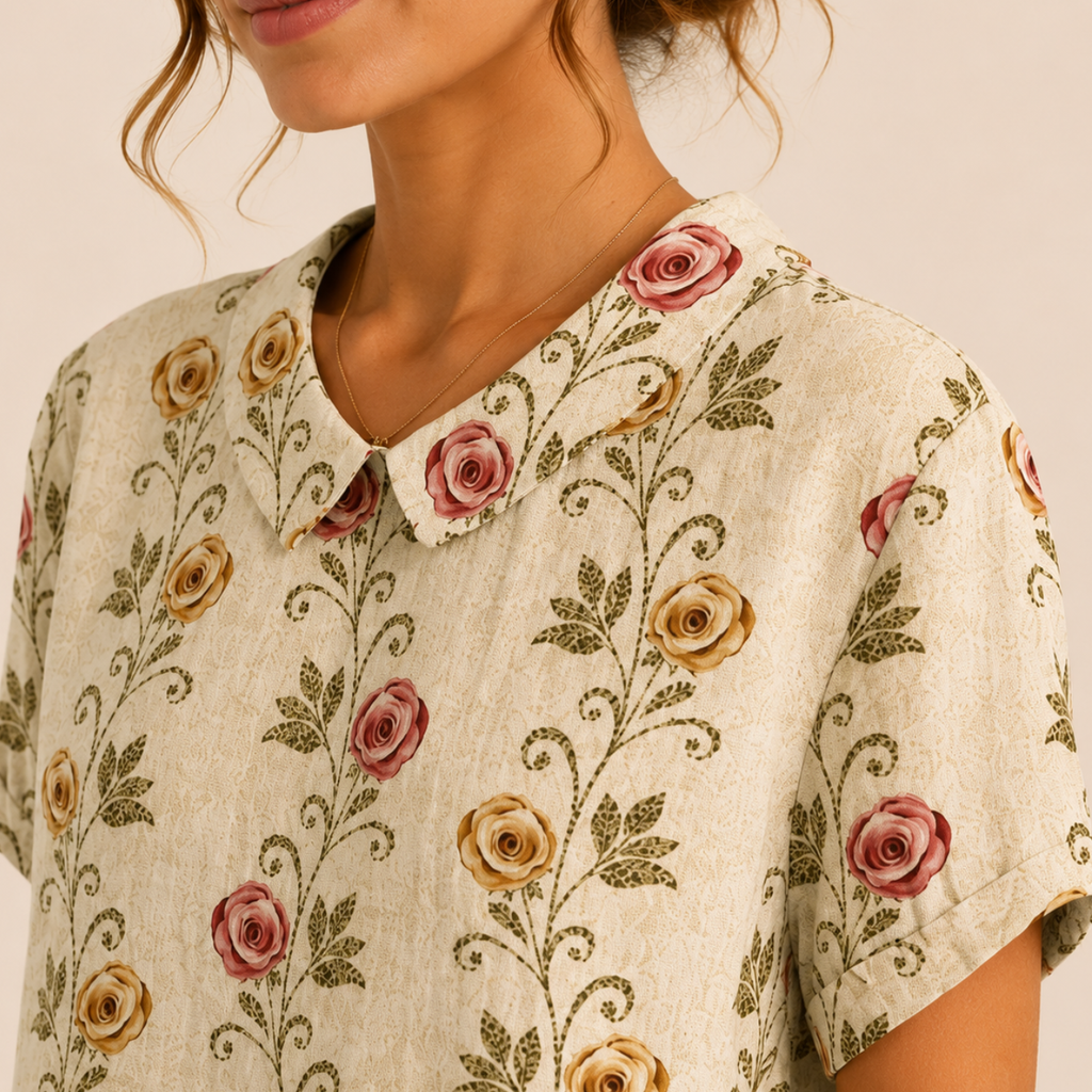 Close-up view of the Rosalind Blouse Floral-Print Lightweight Collared in beige, highlighting the floral print, collared neckline, button-front details, and lightweight fabric. Designed by Bella Hudson.