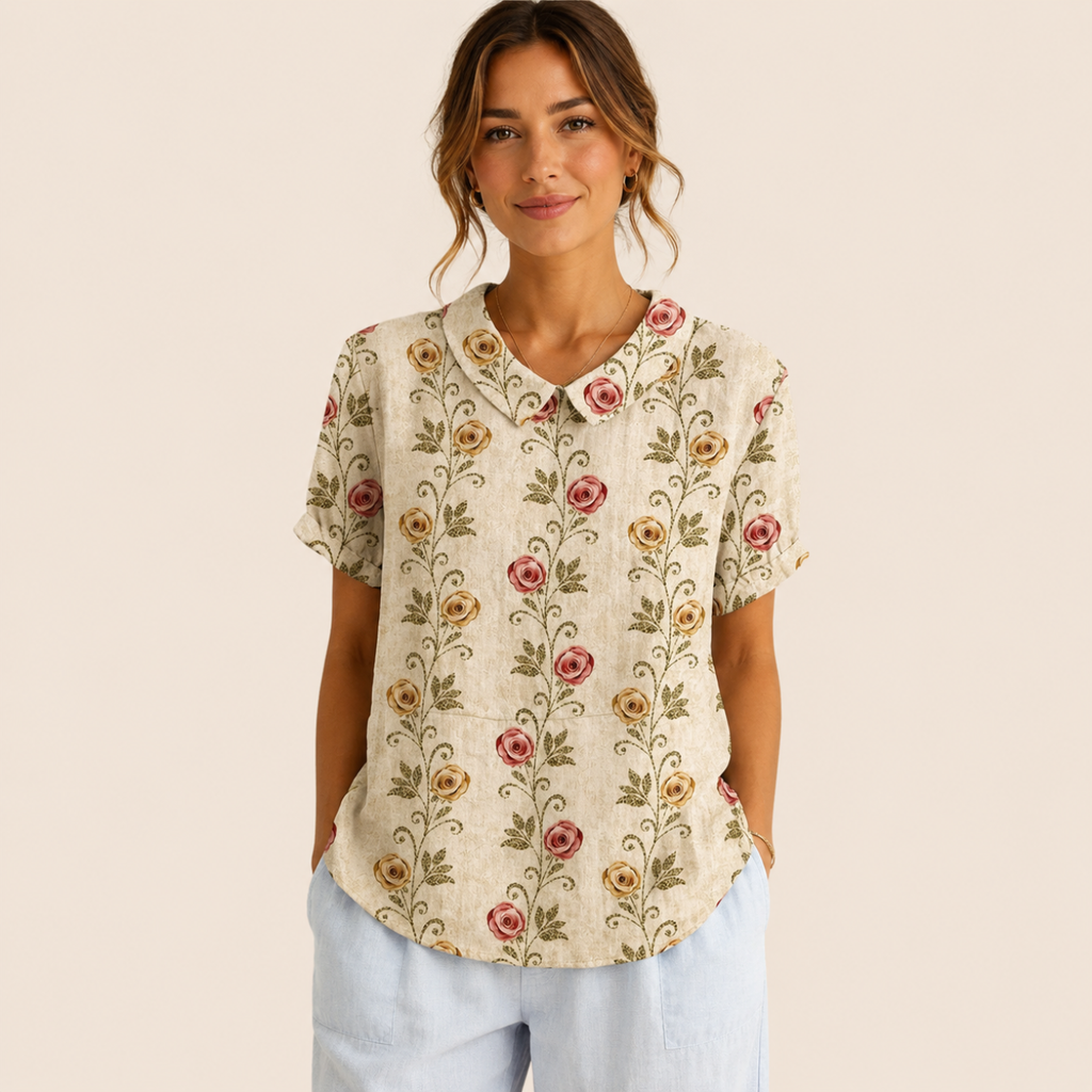 Front view of the Rosalind Blouse Floral-Print Lightweight Collared in beige, featuring a lightweight floral print, collared neckline, and relaxed fit. Designed by Bella Hudson.