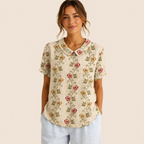 Front view of the Rosalind Blouse Floral-Print Lightweight Collared in beige, featuring a lightweight floral print, collared neckline, and relaxed fit. Designed by Bella Hudson.
