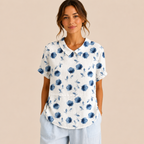 Front view of the Rosalind Blouse Floral-Print Lightweight Collared in blue, featuring a lightweight floral print, collared neckline, and relaxed fit. Designed by Bella Hudson.
