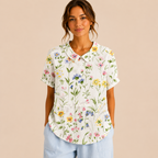 Front view of the Rosalind Blouse Floral-Print Lightweight Collared in green, featuring a lightweight floral print, collared neckline, and relaxed fit. Designed by Bella Hudson.