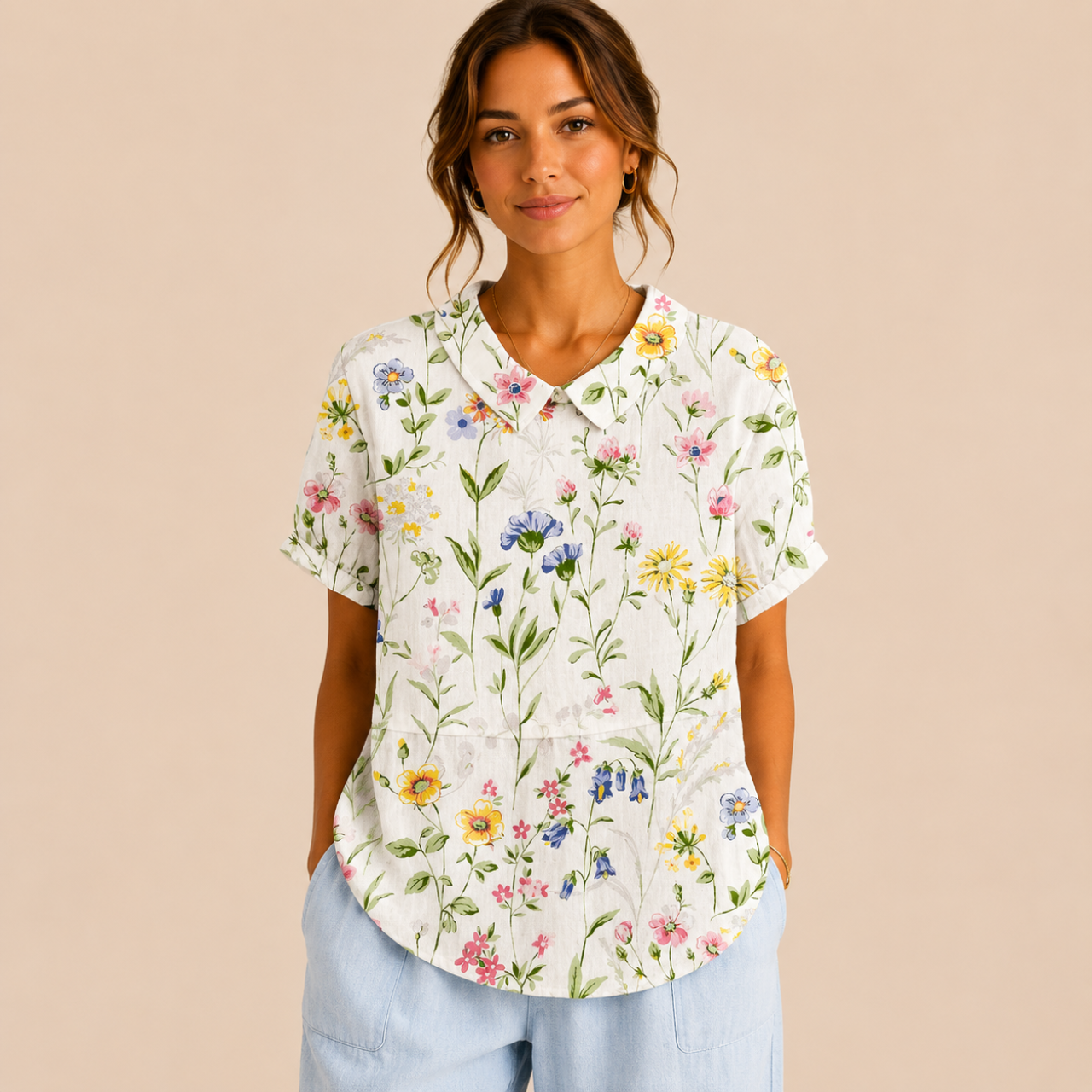Front view of the Rosalind Blouse Floral-Print Lightweight Collared in green, featuring a lightweight floral print, collared neckline, and relaxed fit. Designed by Bella Hudson.