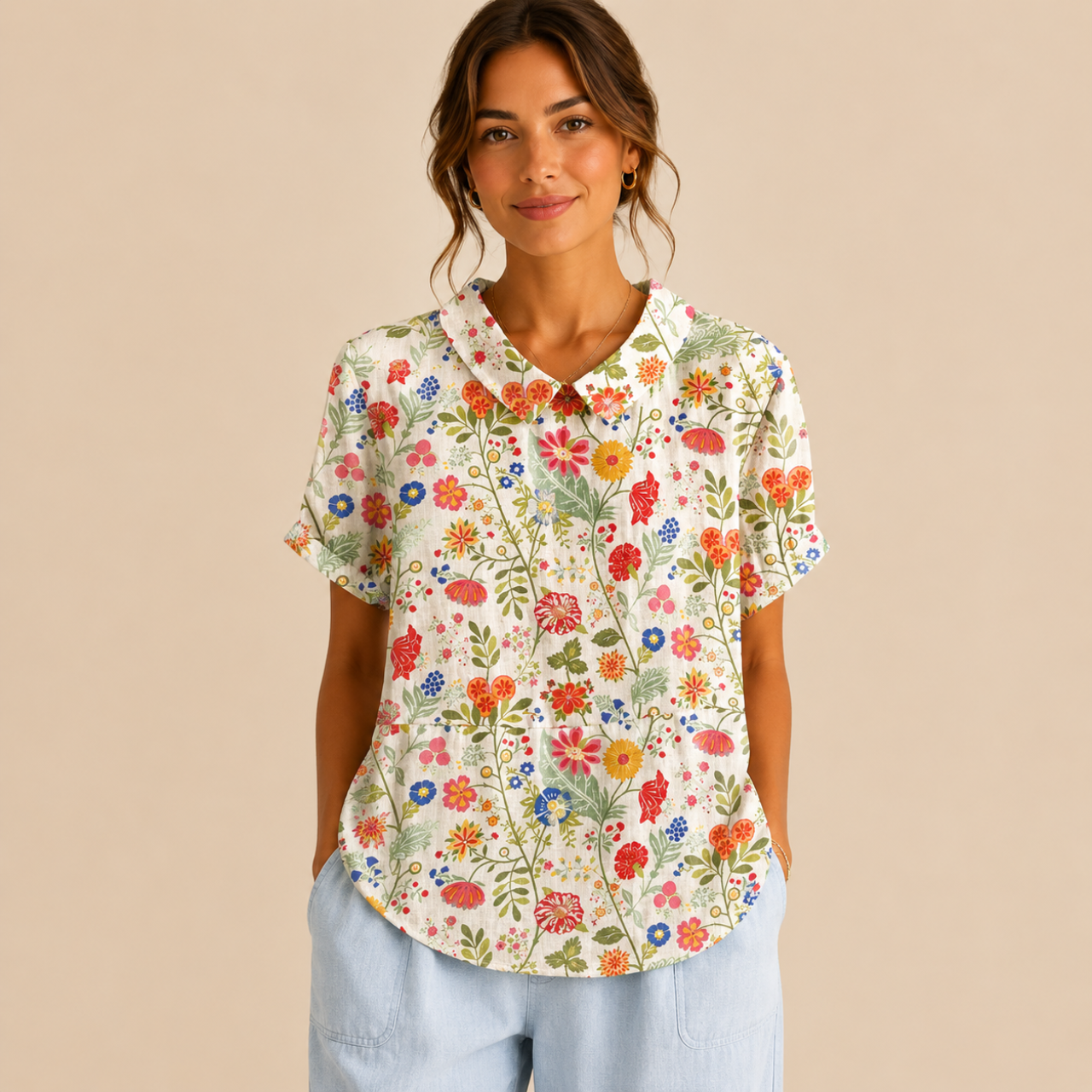 Front view of the Rosalind Blouse Floral-Print Lightweight Collared in multi-color, featuring a lightweight floral print, collared neckline, and relaxed fit. Designed by Bella Hudson.