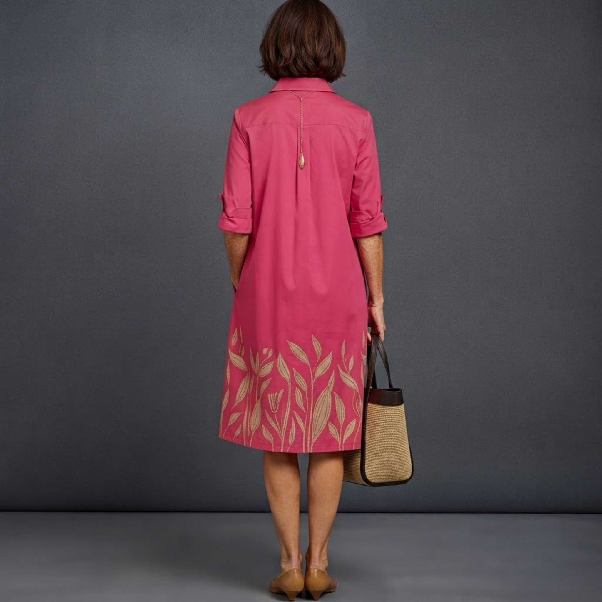 Rosalyn Floral-Print Button-Down Midi Dress in Pink shown in back view with flowing midi silhouette.