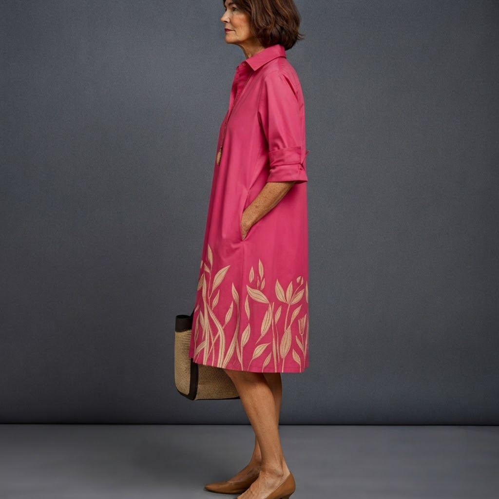 Rosalyn Floral-Print Button-Down Midi Dress in Pink shown in side view with graceful midi-length design.