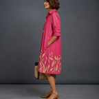 Rosalyn Floral-Print Button-Down Midi Dress in Pink shown in side view with graceful midi-length design.