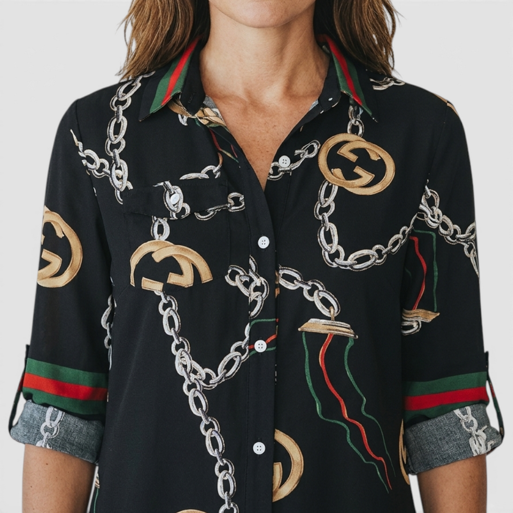 Close-up detail of the Rosamund Shirt Dress Printed Long-Sleeve Button-Front in black, featuring the collared neckline, button-front placket, and intricate chain print. Designed by Bella Hudson.