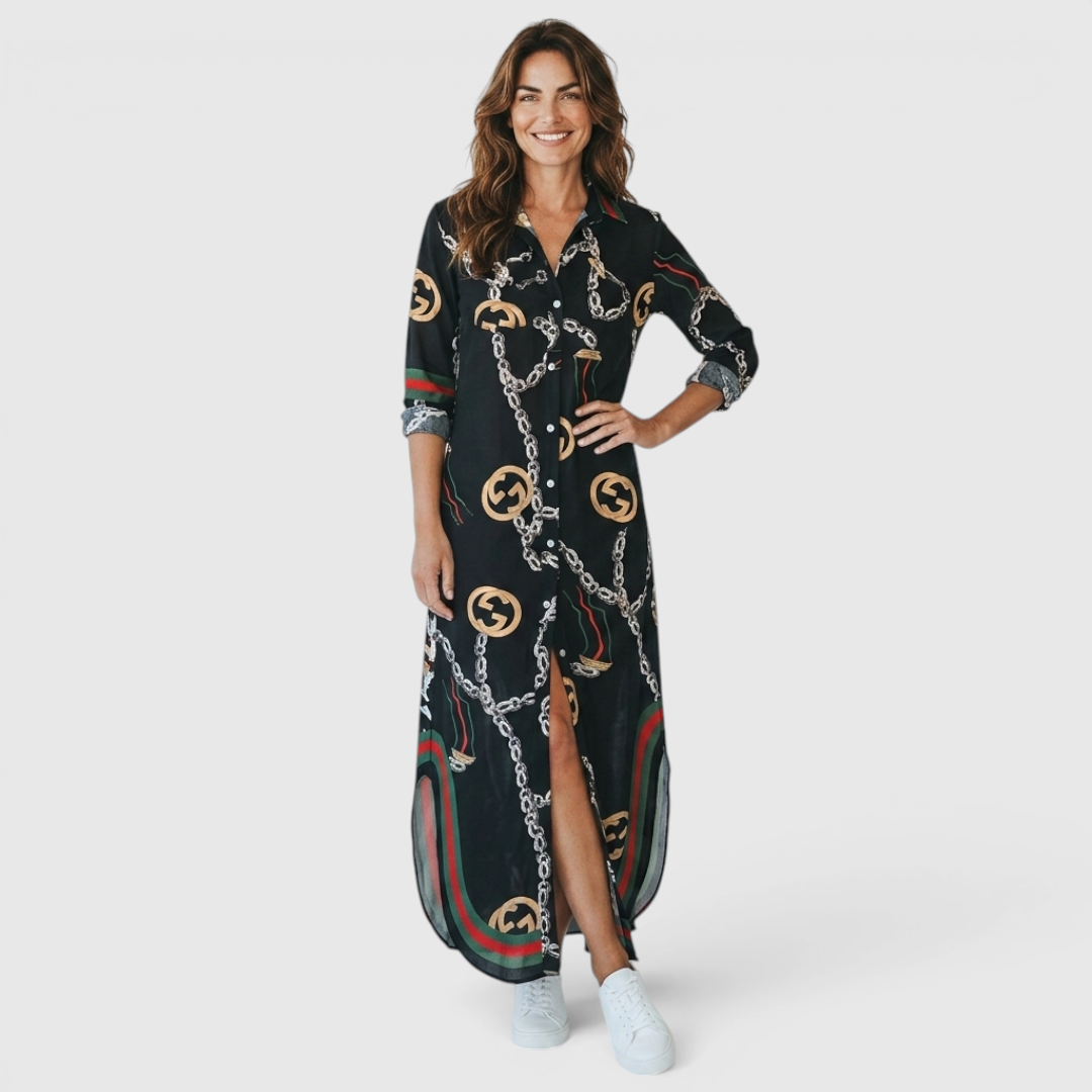Front view of the Rosamund Shirt Dress Printed Long-Sleeve Button-Front in black, featuring a collared neckline, button-front closure, long sleeves, printed fabric, and a relaxed shirt dress silhouette. Designed by Bella Hudson.