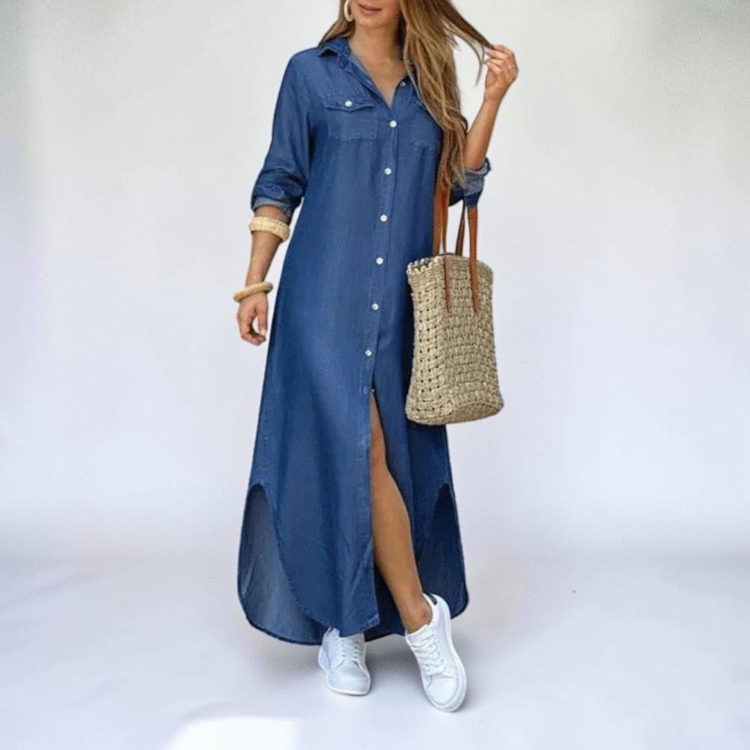 Front view of the Rosamund Shirt Dress Printed Long-Sleeve Button-Front in blue, featuring a collared neckline, button-front closure, printed fabric, side slit, and a relaxed maxi silhouette. Designed by Bella Hudson.