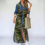 Front view of the Rosamund Shirt Dress Printed Long-Sleeve Button-Front in green, featuring a collared neckline, button-front closure, printed fabric, side slit, and a flowing maxi silhouette. Designed by Bella Hudson.