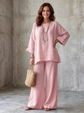 Rosamund round-neck top and wide leg trouser set, view 1