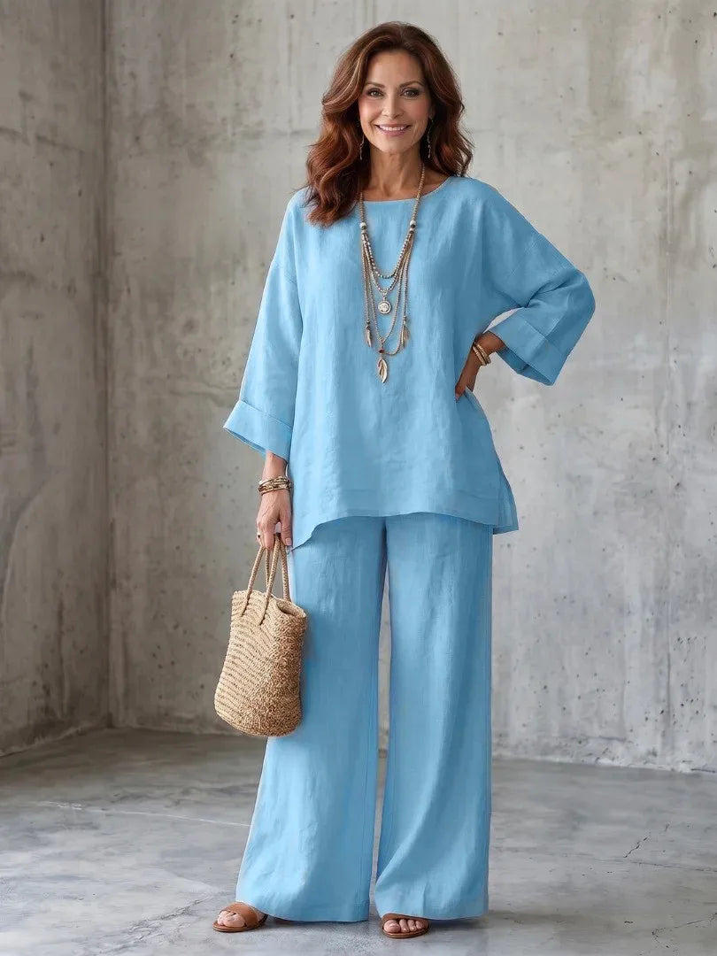 Rosamund round-neck top and wide leg trouser set, view 3