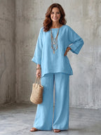 Rosamund round-neck top and wide leg trouser set, view 3