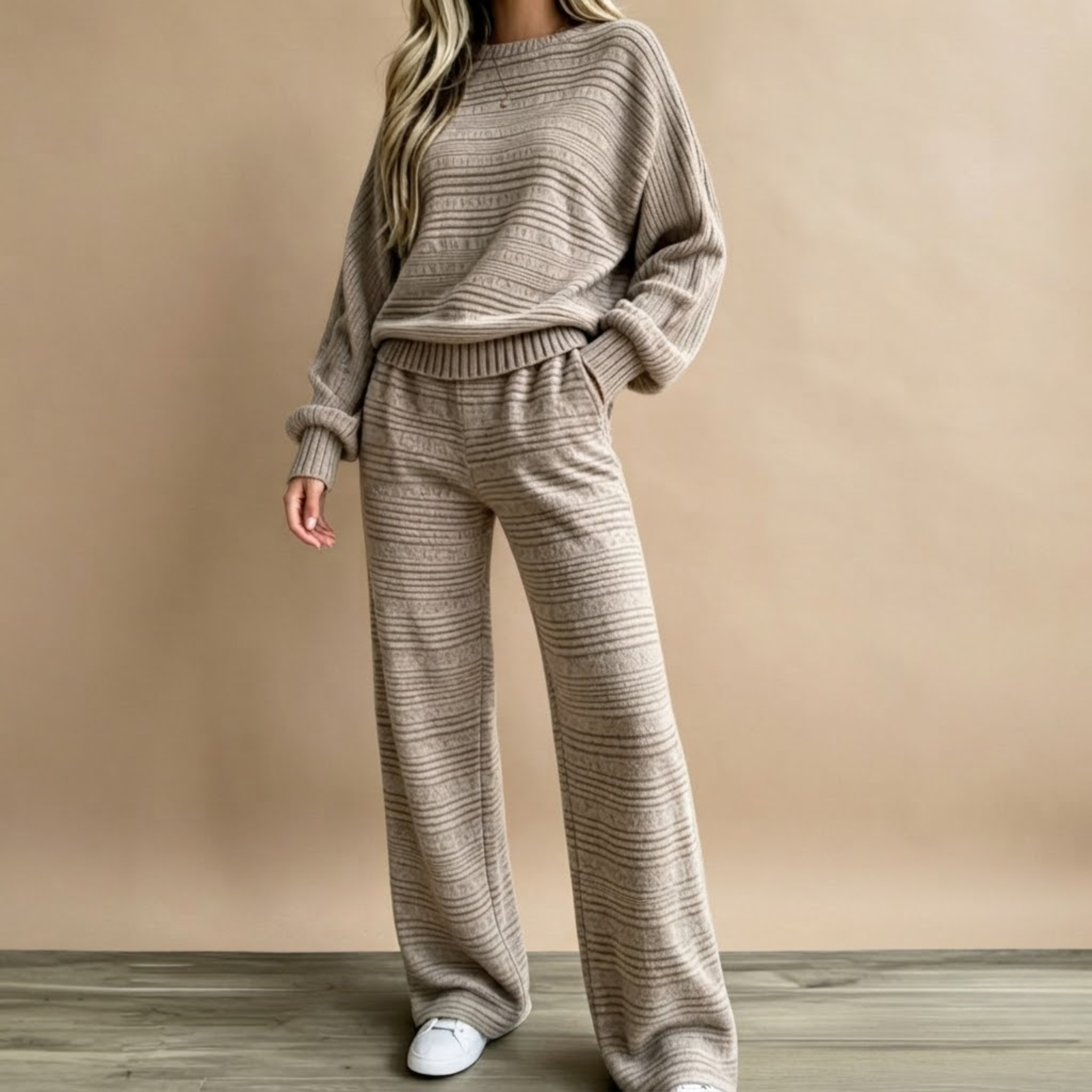 Front view of the Rosamund Two-Piece Set Striped Knit in Beige, featuring a stylish striped pattern and relaxed matching design.